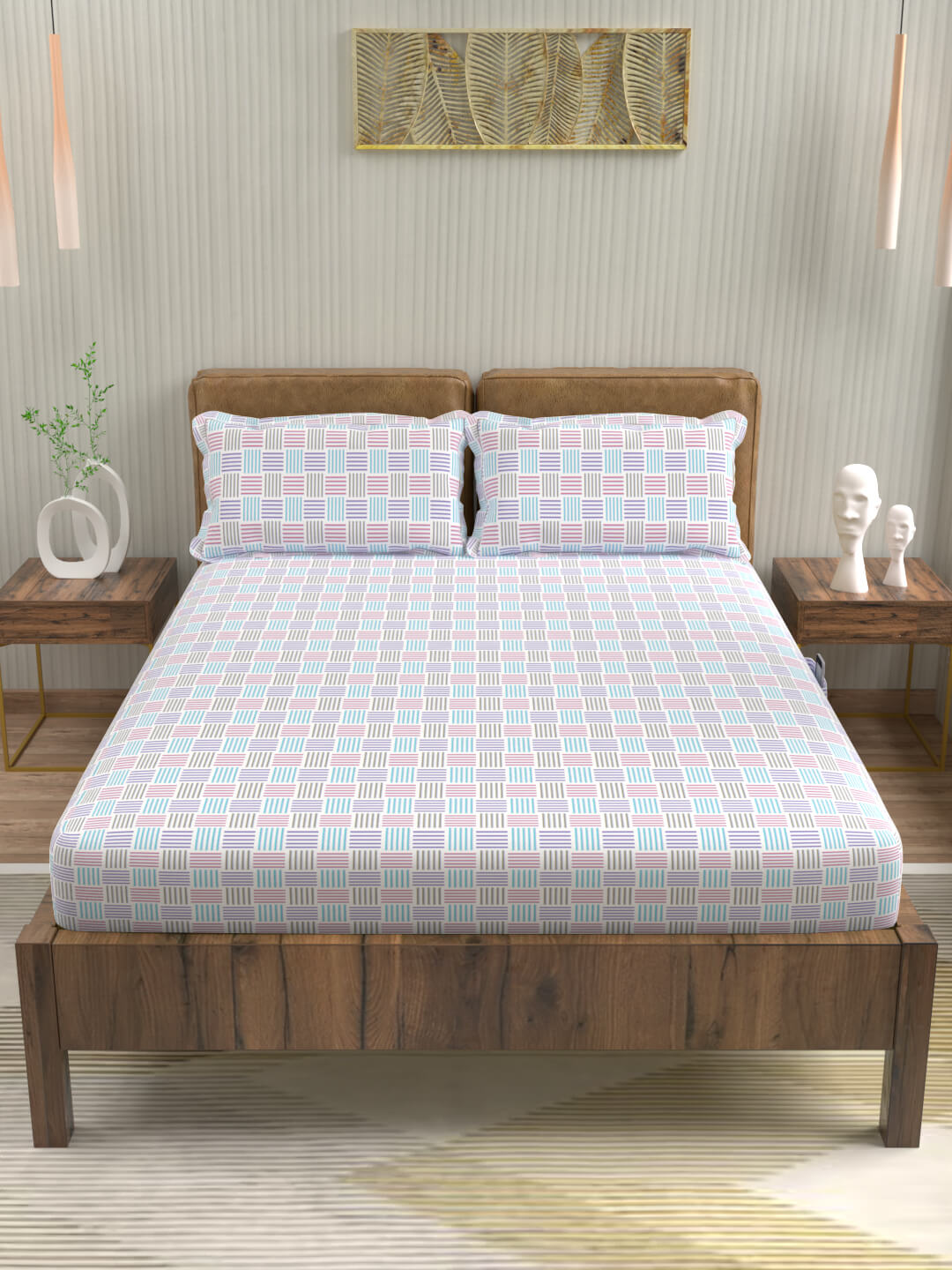 buy geometric snow white cotton double bed fitted bedsheets online – front view